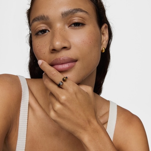 Black steel Open ring with falcon’s eye Icon Mesh