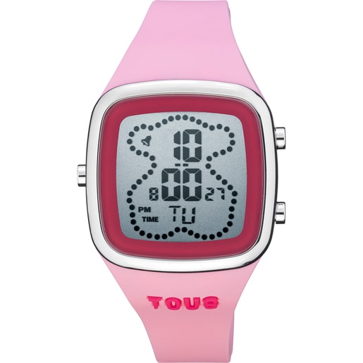 Digitaluhr TOUS B-Time mit Armband aus pinkfarbenem Silikon und Stahlgehäuse