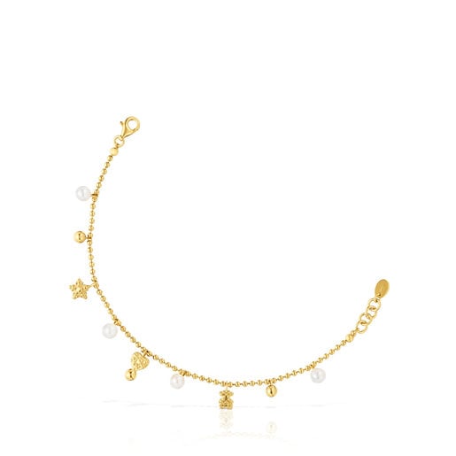 Bracelet chaîne en argent plaqué or 18 ct, perles de culture et motifs TOUS Grain