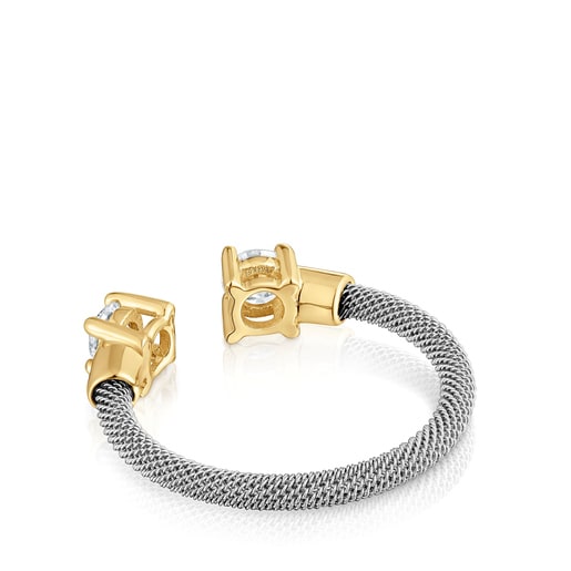 Anillo abierto de acero, oro 14 kt y diamantes creados en laboratorio TOUS Mesh LGD