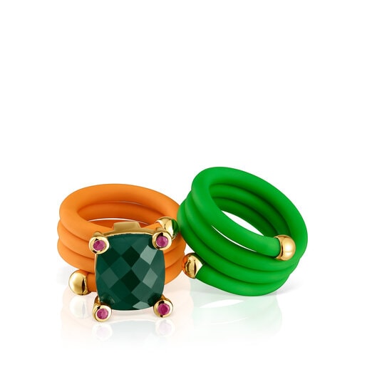 Pack of green and orange St. Tropez Caucho Rings with gemstones
