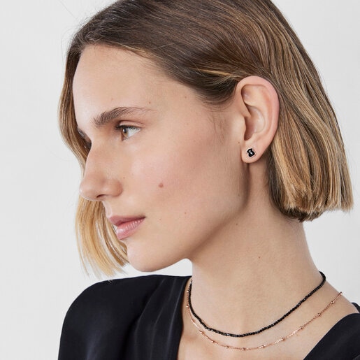 Rose Vermeil Silver TOUS Motif Earrings with faceted Onyx