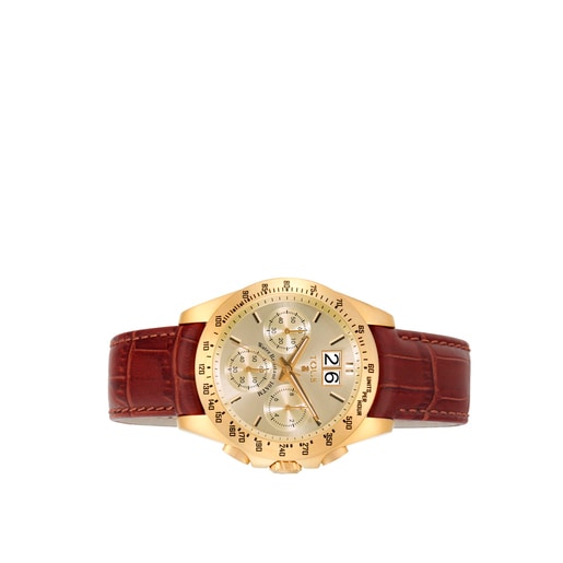 Gold IP Steel Drive Crono Watch with brown Leather strap