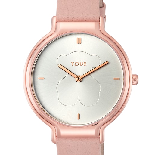 Reloj analógico Real Bear de acero IP rosado con correa de piel nude