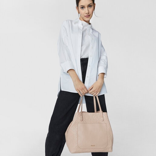 ピンクの革製大型トートバッグ Mossaic 