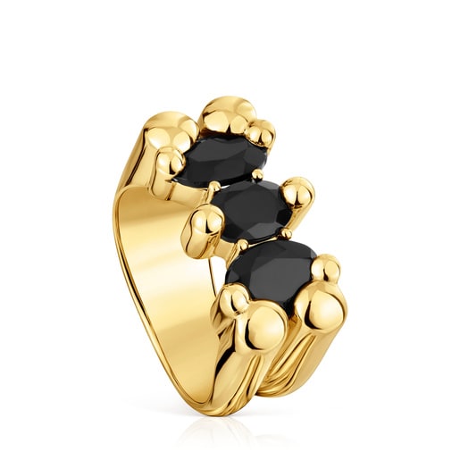 Medium 18kt gold plating over silver and onyx Bear motif Ring Color