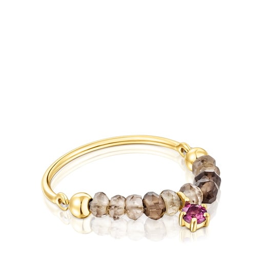 Gold TOUS Cool Joy Ring with smoky quartz and rhodolite