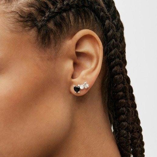 Pendientes trepadores con oso de plata, ónix y nácar Color Pills