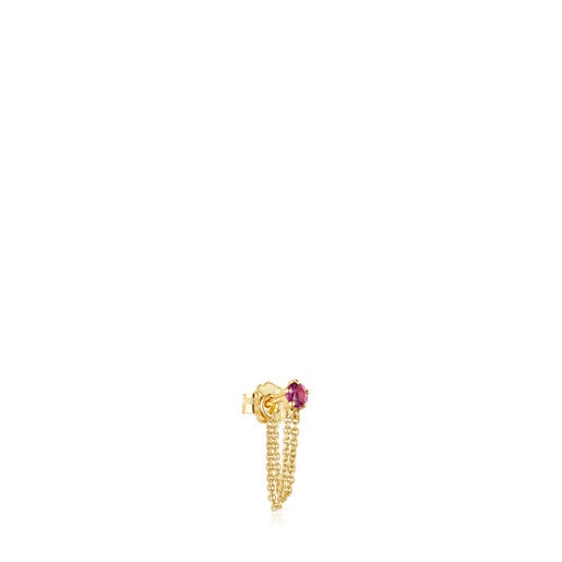 Gold TOUS Cool Joy 1/2 Earring with double chain and rhodolite