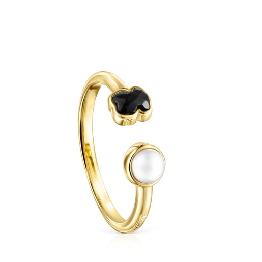 Anell amb bany d'or 18 kt sobre plata amb ònix i perla Glory