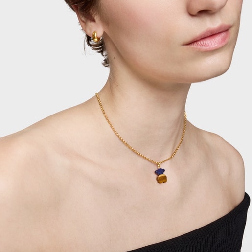 Pendant with 18kt gold plating over silver, sodalite and tiger’s eye Sweet Dolls
