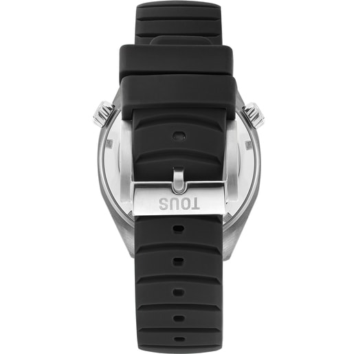 שעון אנלוגי Now של TOUS עם רצועת סיליקון שחורה, מארז מפלדה ועיצוב לוח שעון בגוון אם הפנינה.