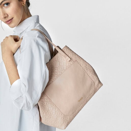 ピンクの革製大型トートバッグ Mossaic 