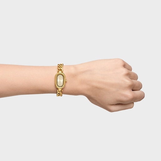 Analog jeweled Watch with gold-colored steel chain bracelet Oval Time