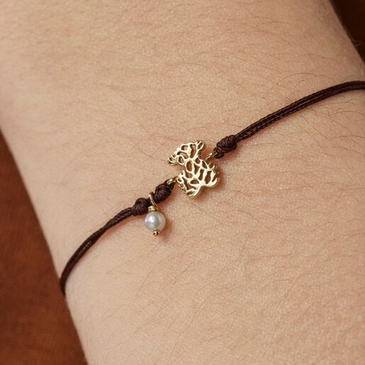 צמיד חוט בשילוב דובי זהב ופנינה