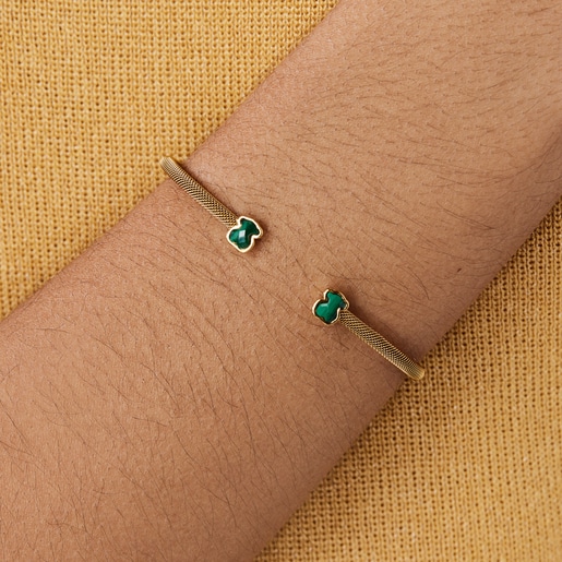 Pulsera estrecha Mesh Color de Acero IP dorado y Malaquita