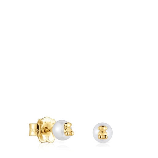 Gold Earrings with cultured pearl and bear charm Bold Bear