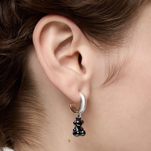 Aretes aro de plata con cerámica negra y doble oso Bold Bear