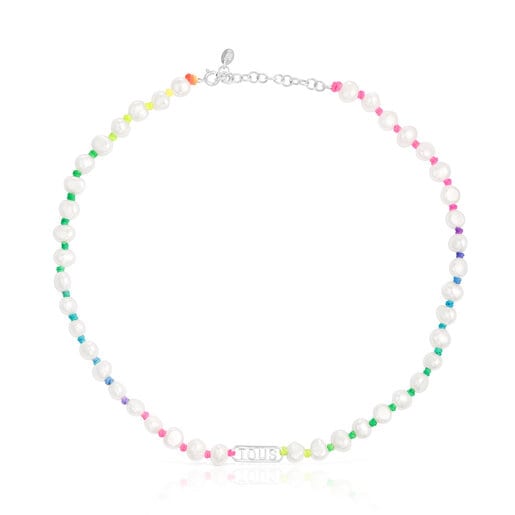 Multicolored nylon Necklace with silver and cultured pearls Logo