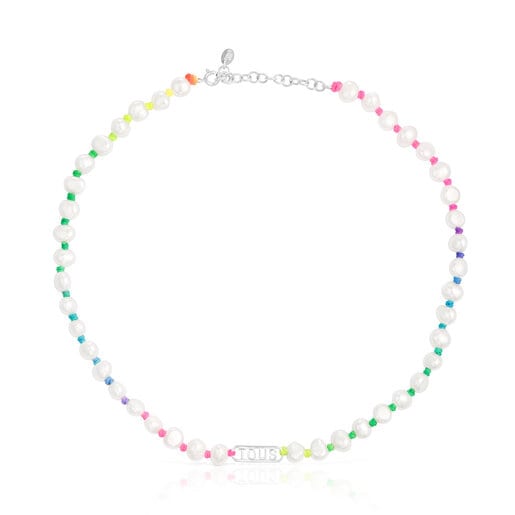 Collier nylon multicolore, argent et perles de culture Logo