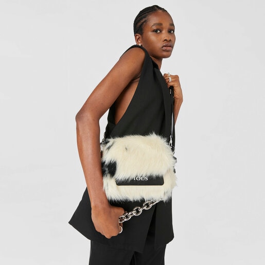 תיק צד TOUS Empire Fur קטן בצבע שחור ולבן