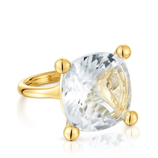 Anillo grande con baño de oro 18 kt sobre plata y cuarzo cristal de roca Color White
