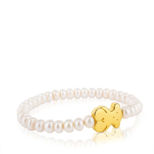 Bracciale elastico in oro e perle coltivate, motivo orso, 1,15 cm, 19 cm, Sweet Dolls