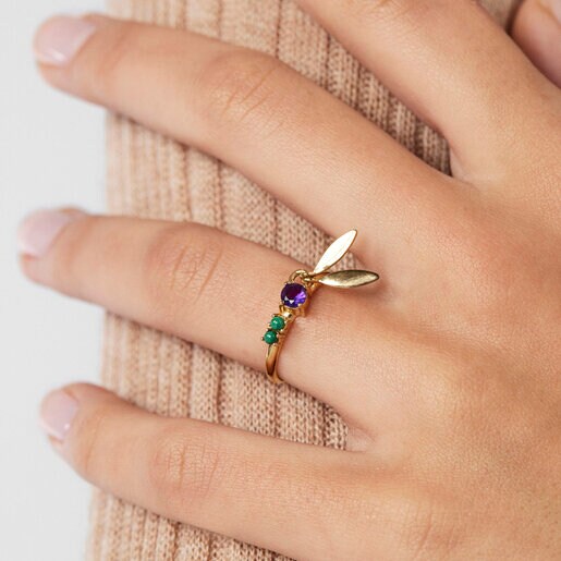 טבעת עלים Fragile Nature עשויה ורמיל כסף עם אבני חן