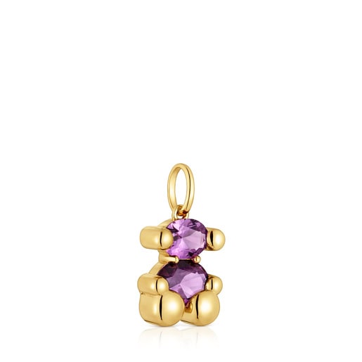 Pendente piccolo con motivo a orsetto in argento placcato oro 18 kt e zaffiro lilla creato in laboratorio Color Bear LGG