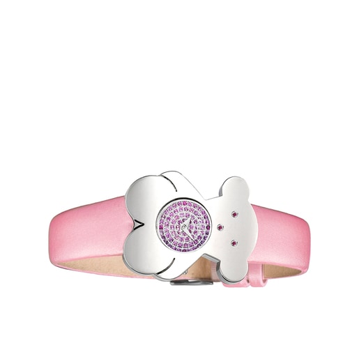Steel Tousy Watch with pink sapphires and pink Satin strap
