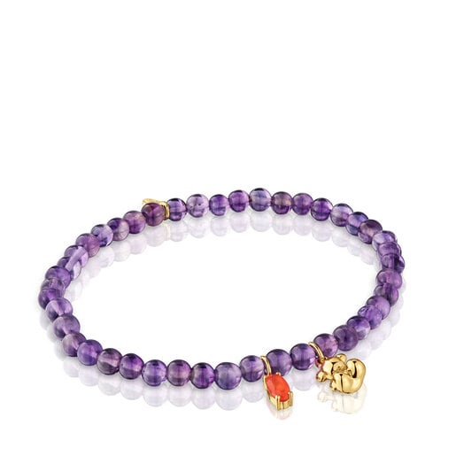 Elastic Bracelet with gold plating over silver, amethyst and carnelian Bold Bear