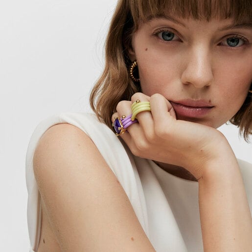 Pack of mauve and yellow St. Tropez Caucho Rings with gemstones