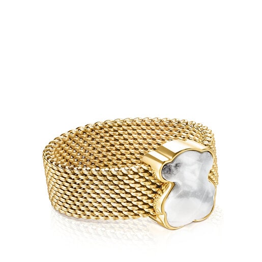 Gold-colored IP Steel Mesh Color Ring with Howlite Bear motif