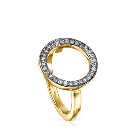 Anillo disco con baño de oro 18 kt sobre plata y diamantes 0,30ct Nocturne