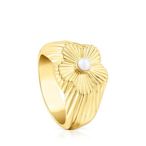Silver vermeil flower Signet ring with cultured pearl Iris Motif