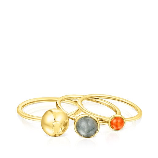 Set of three silver vermeil Plump Rings with gemstones