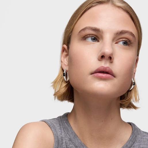 Aretes de aro de plata y motivo oso en ónix 26 mm Icon Color