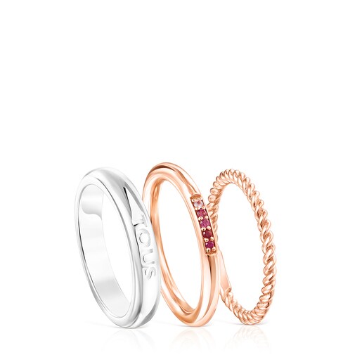 Ring-Set Ring Mix aus Silber und rosa Vermeil-Silber mit Saphir