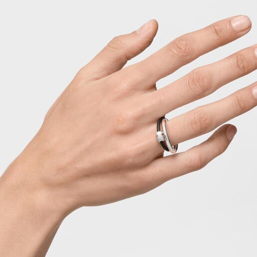 シルバーとラバーのベアのダブルリング TOUS Bold Motif