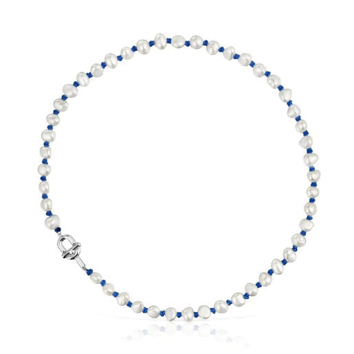 Naszyjnik z niebieskiego nylonu i srebra, o długości 45 cm, z perłami hodowanymi TOUS MANIFESTO