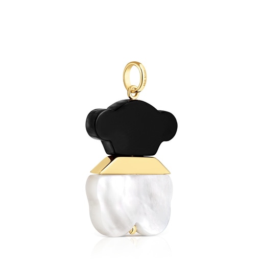 תליון Sweet Dolls בגודל 25 מ"מ מכסף בציפוי זהב 18 קראט עם אם הפנינה ואבן אוניקס