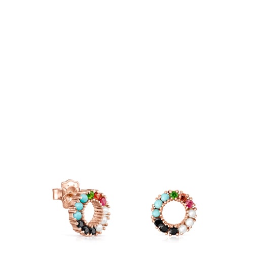 Straight small disc Earrings in Rose Silver Vermeil with Gemstones | TOUS