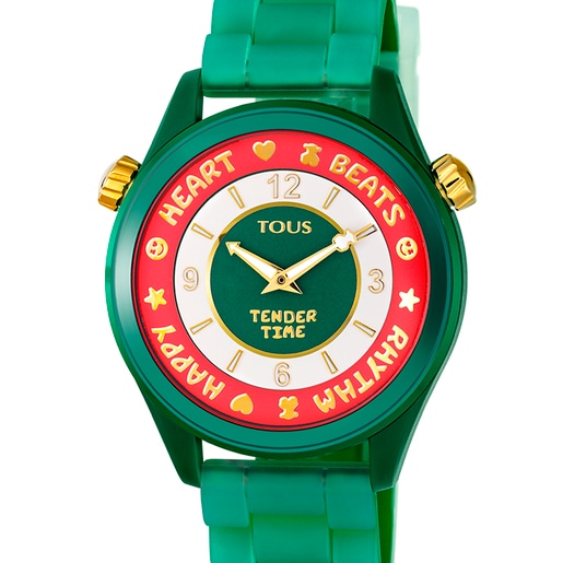 Steel TOUS Tender Time Watch with green silicone strap and green dial