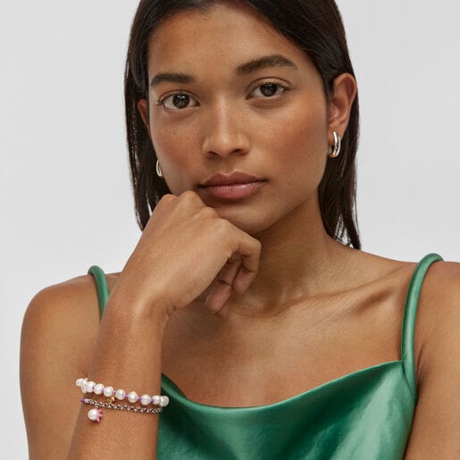 Pulsera elástica lila con acero y perla cultivada TOUS Instint