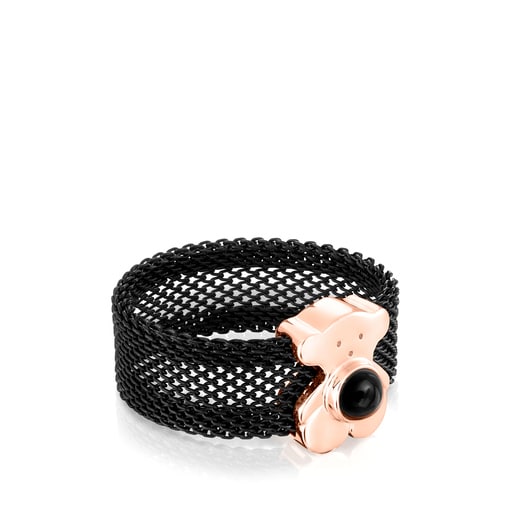 خاتم عريض TOUS Real Sisy المصنوع من الفولاذ المقاوم للصدأ باللون الاسود IP و فيرميل الفضة الزهري  مع العقيق