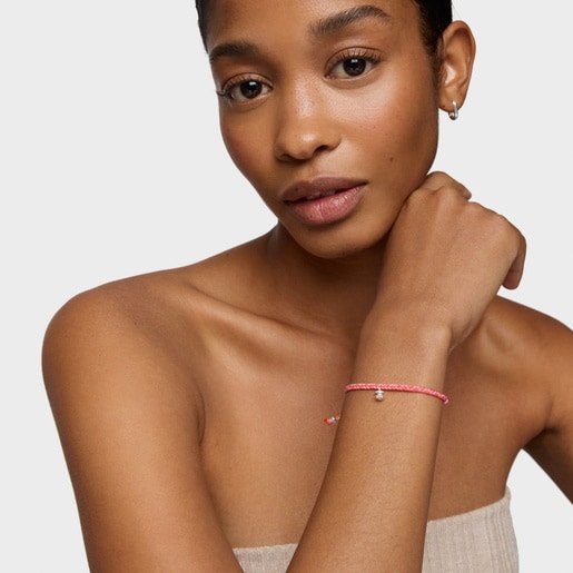 Pulsera oso de plata y nylon naranja/rosa TOUS Motivos