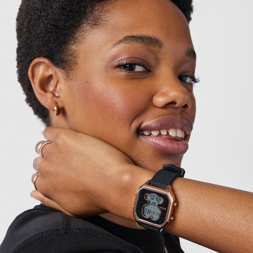 Reloj digital D-Bear Teen de acero IP rosado con correa de silicona negra