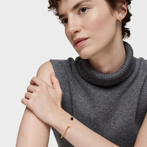 Pulsera esclava de acero dorado y ónix Icon Mesh