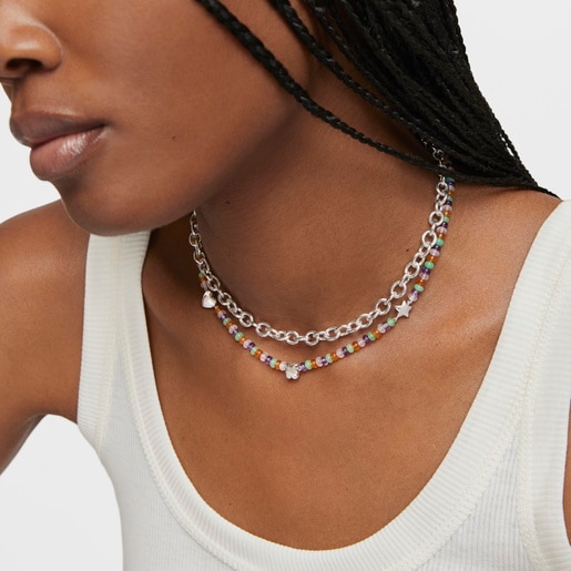 Short gemstone Necklace with silver motifs Bold Motif