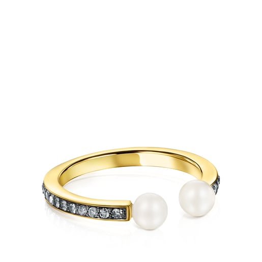 Tous Nocturne - Otwarty pierścionek z żółtego srebra Vermeil i ciemnego srebra z perłami i diamentami